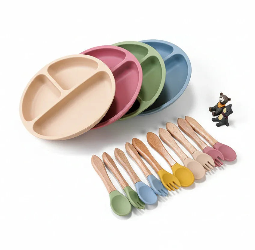 Set pappa neonato silicone piattino diviso con ventosa cucchiaio e forchetta rosa e verde
