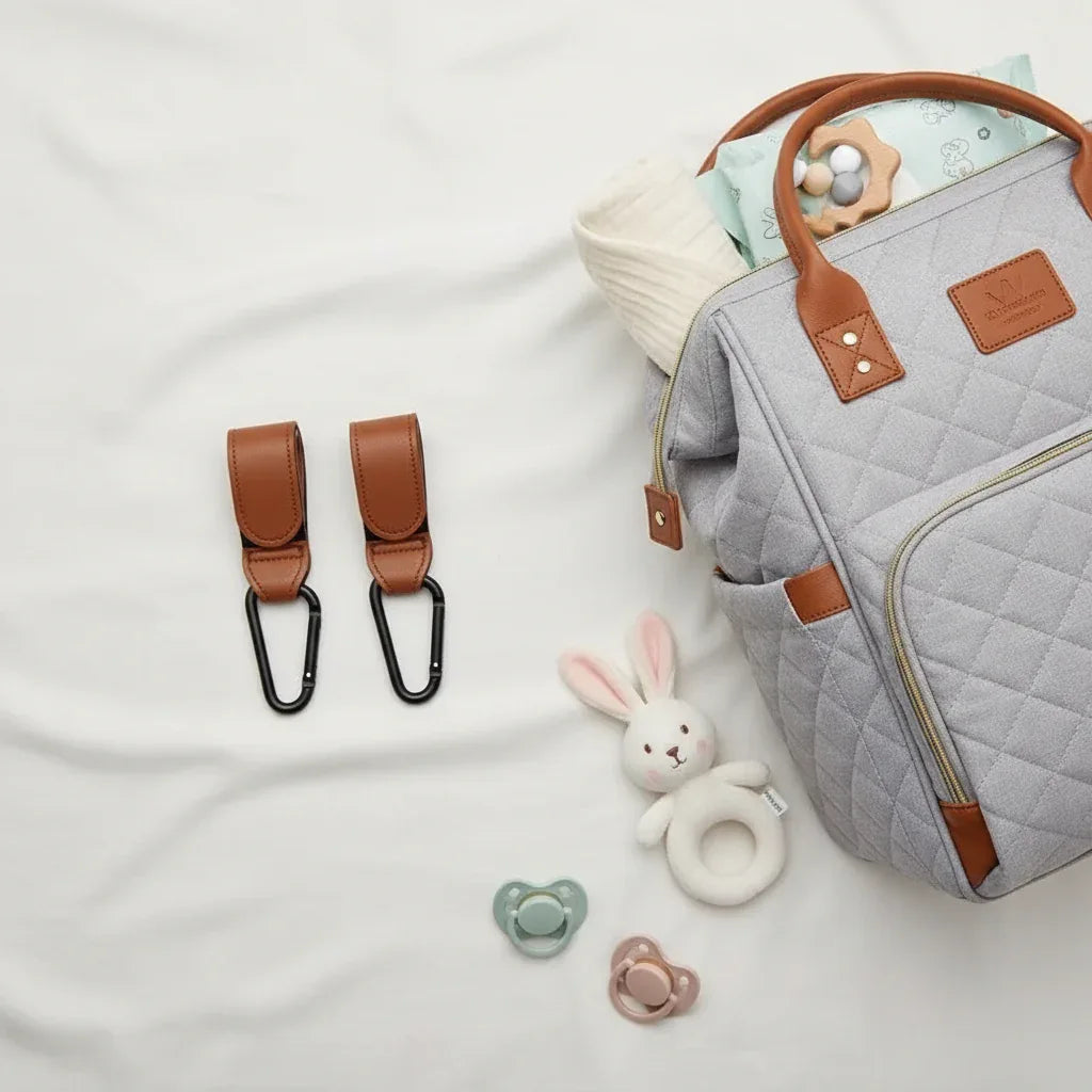 Ganci passeggino pelle PU marroni smontati con componenti cinghia velcro e moschettone
