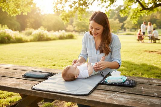 Mamma che utilizza il fasciatoio portatile 3 in 1 su tavolo di legno al parco