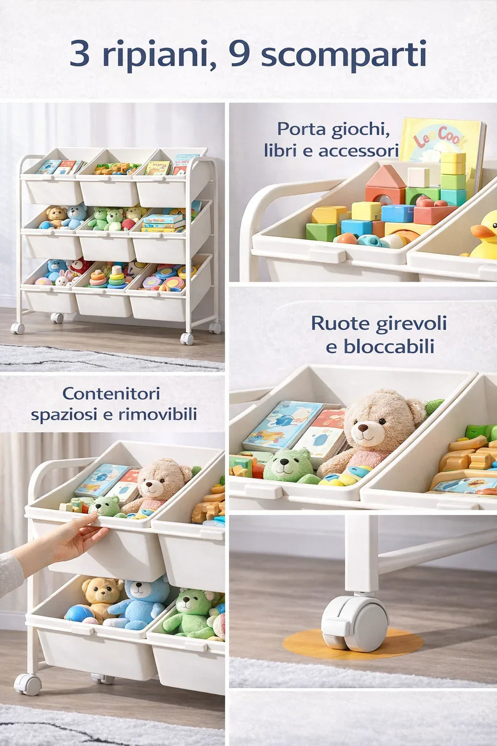 Organizer giochi bambini 3 ripiani con contenitori rimovibili colorati