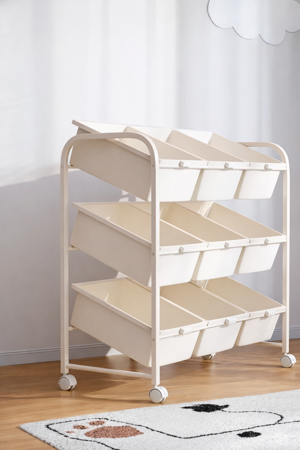 Carrello Porta-Giochi Rotante a 3 Ripiani – Organizer per Bambini con Contenitori Rimovibili e Ruote Bloccabili