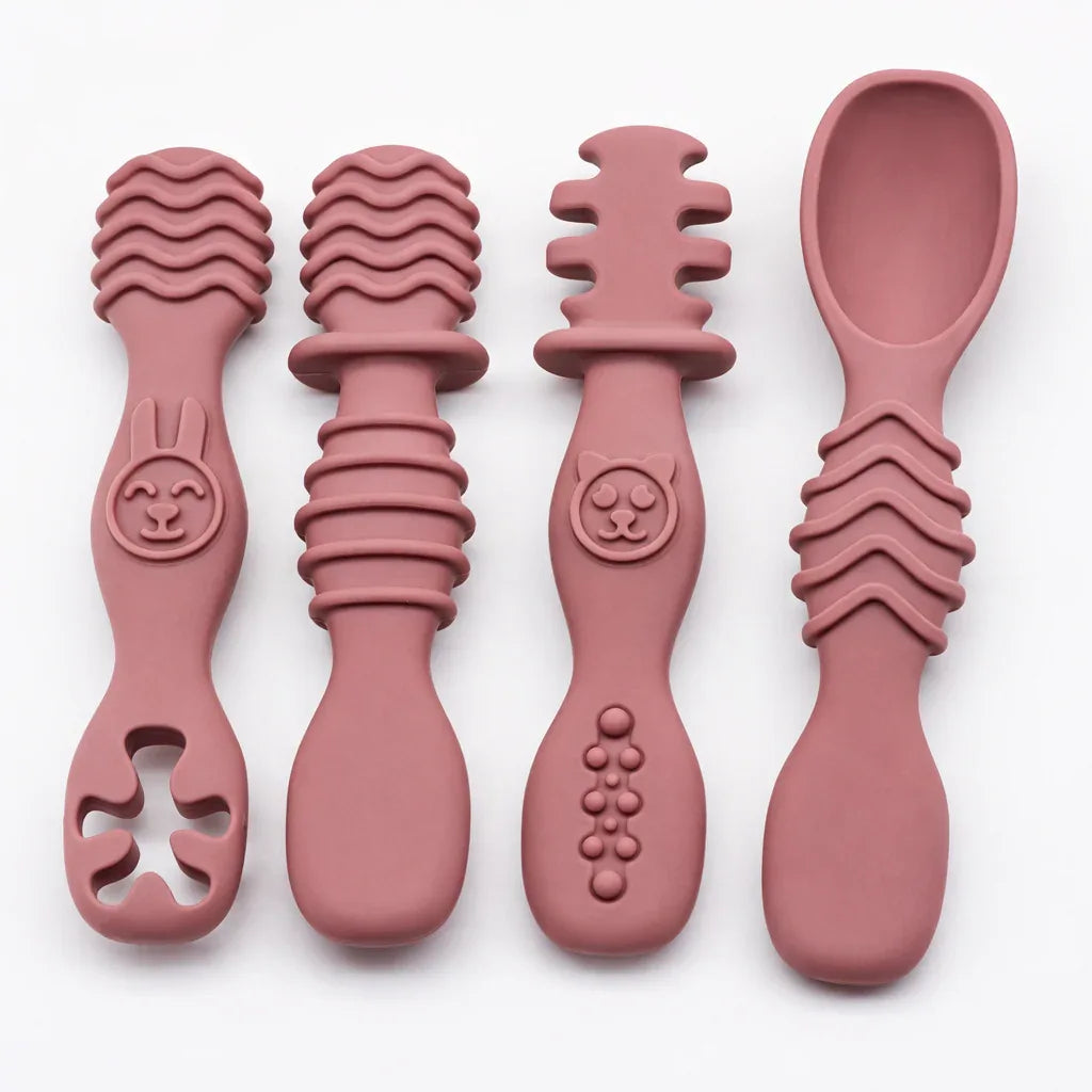 Set posate masticare silicone neonati rosa e verde per dentizione