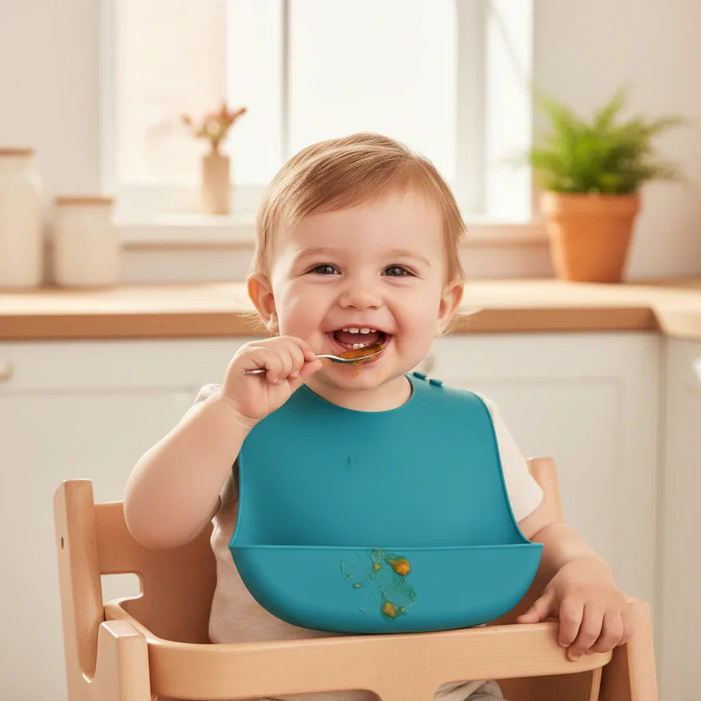 Bambino sul seggiolone che mangia con bavaglino in silicone morbido impermeabile Happy Kids
