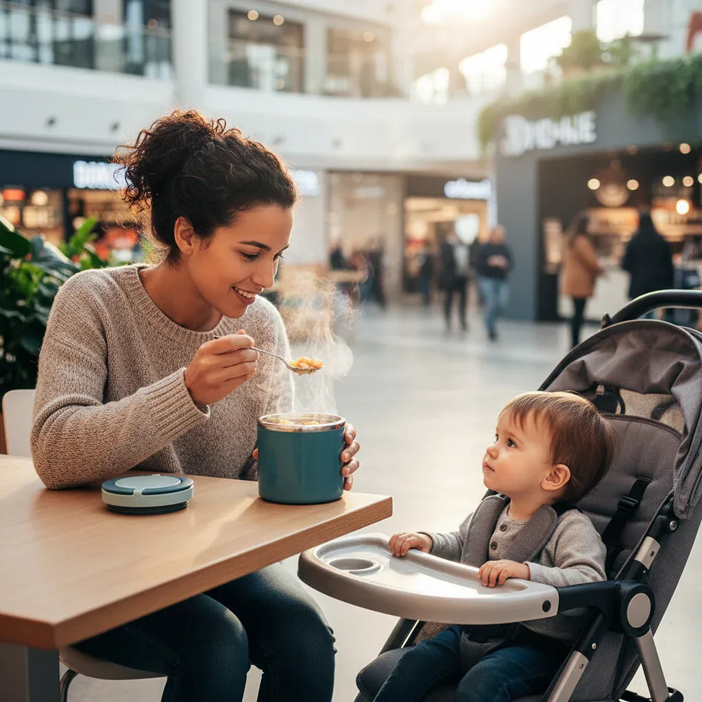 Mamma che nutre il bambino al centro commerciale con contenitore termico teal per alimenti caldi
