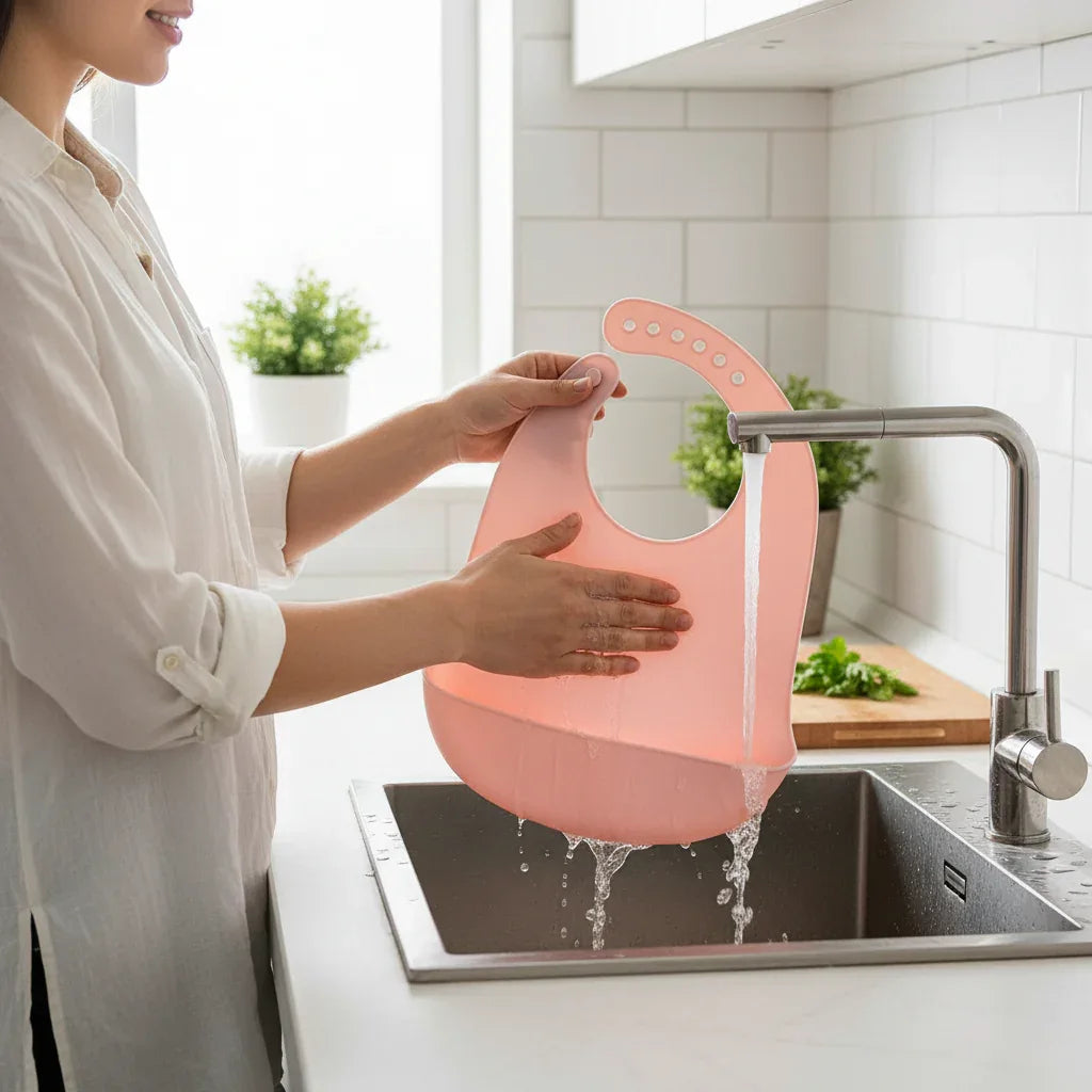 Mamma che lava bavaglino in silicone sotto acqua corrente dimostrando facilità di pulizia e impermeabilità
