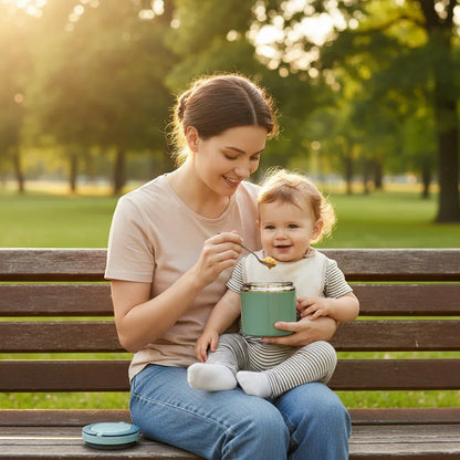 Mamma al parco che dà da mangiare al neonato con contenitore termico in acciaio inox verde menta
