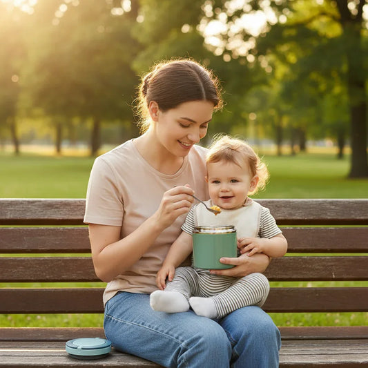 Mamma al parco che dà da mangiare al neonato con contenitore termico in acciaio inox verde menta
