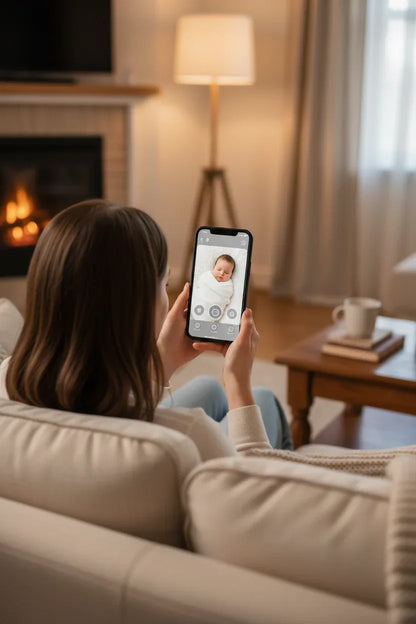 Mamma che monitora neonato con baby monitor smart HD da smartphone
