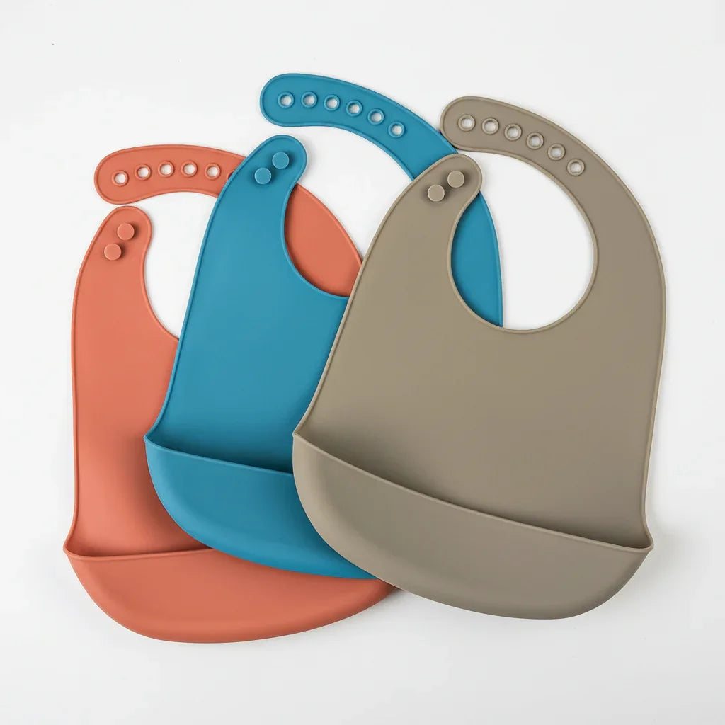 Bavaglini in silicone impermeabili set 3 pezzi colori terracotta teal e taupe per bambini 1-3 anni
