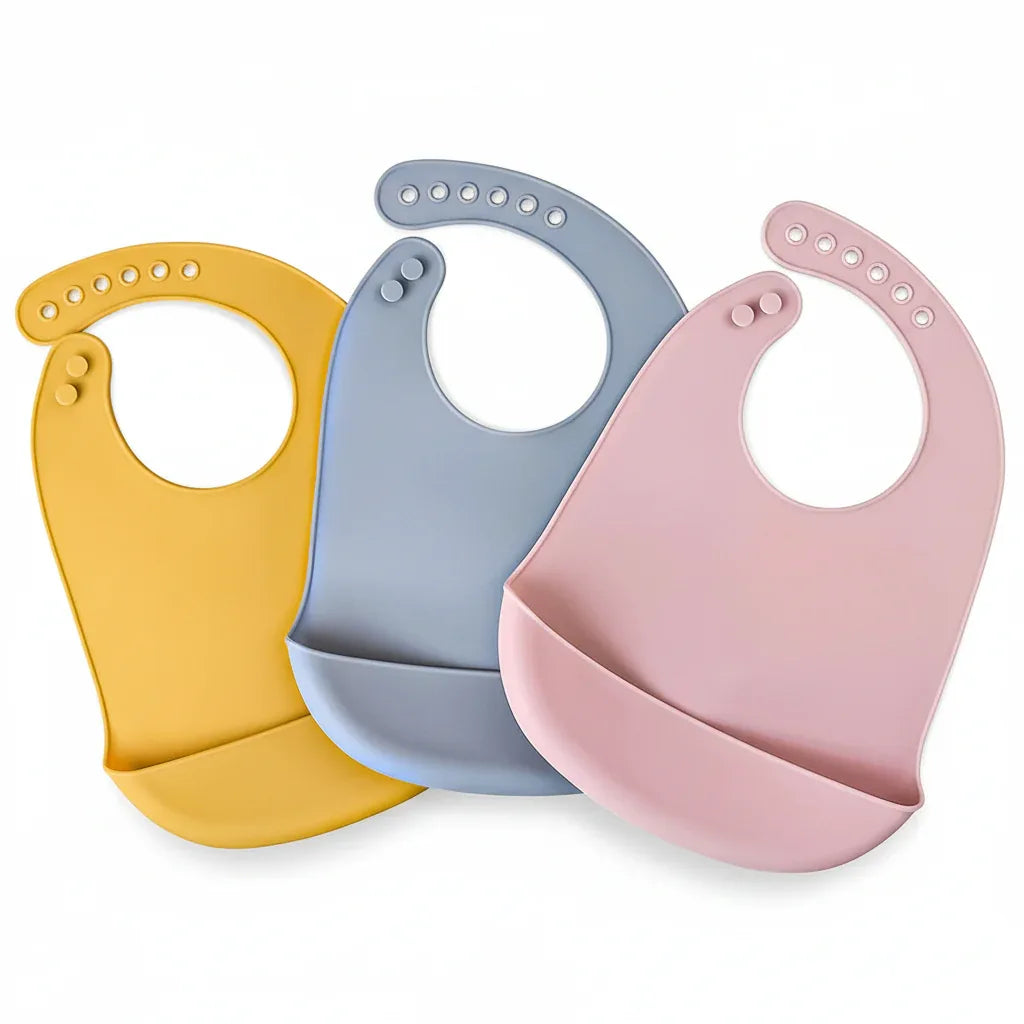 Bavaglini in silicone impermeabili set 3 pezzi colori giallo senape azzurro e rosa per bambini 1-3 anni
